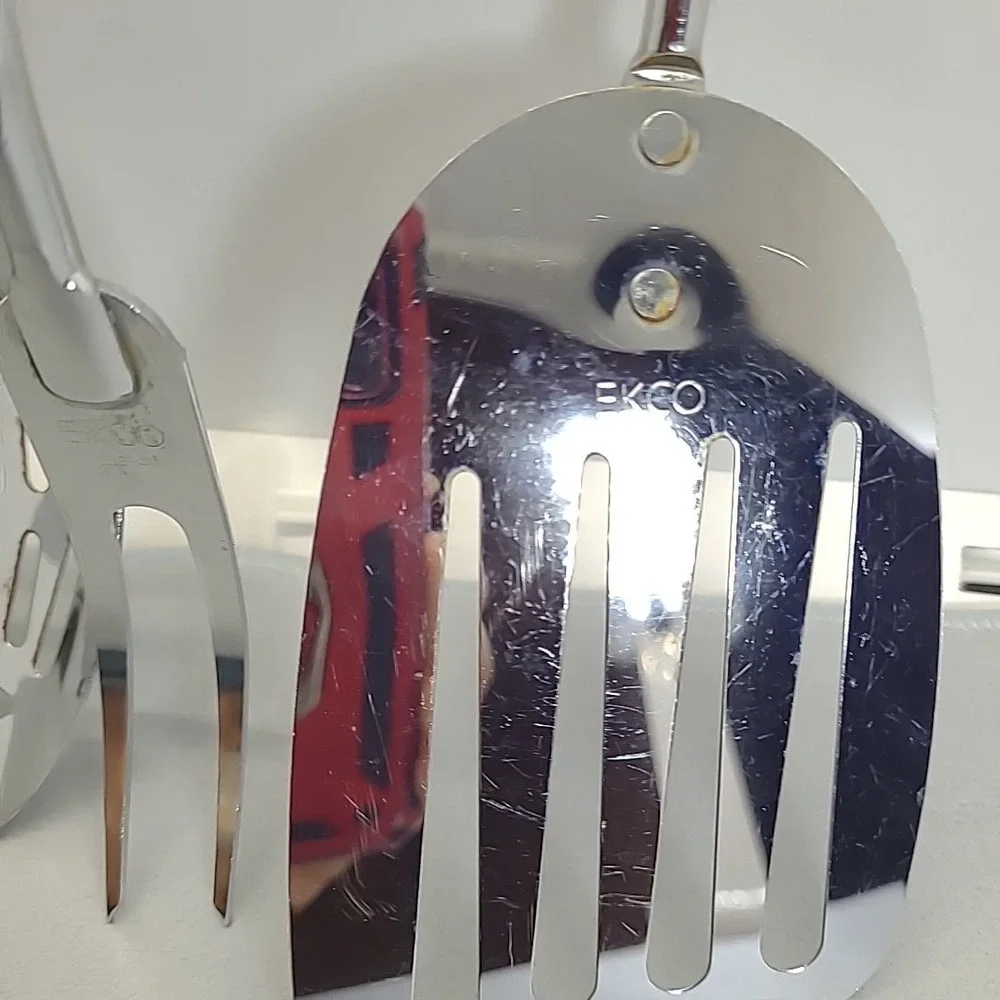 Vintage EKCO‎ Kitchen Utensil Set 3pc Cream Handle Spatula Fork Spoon USA